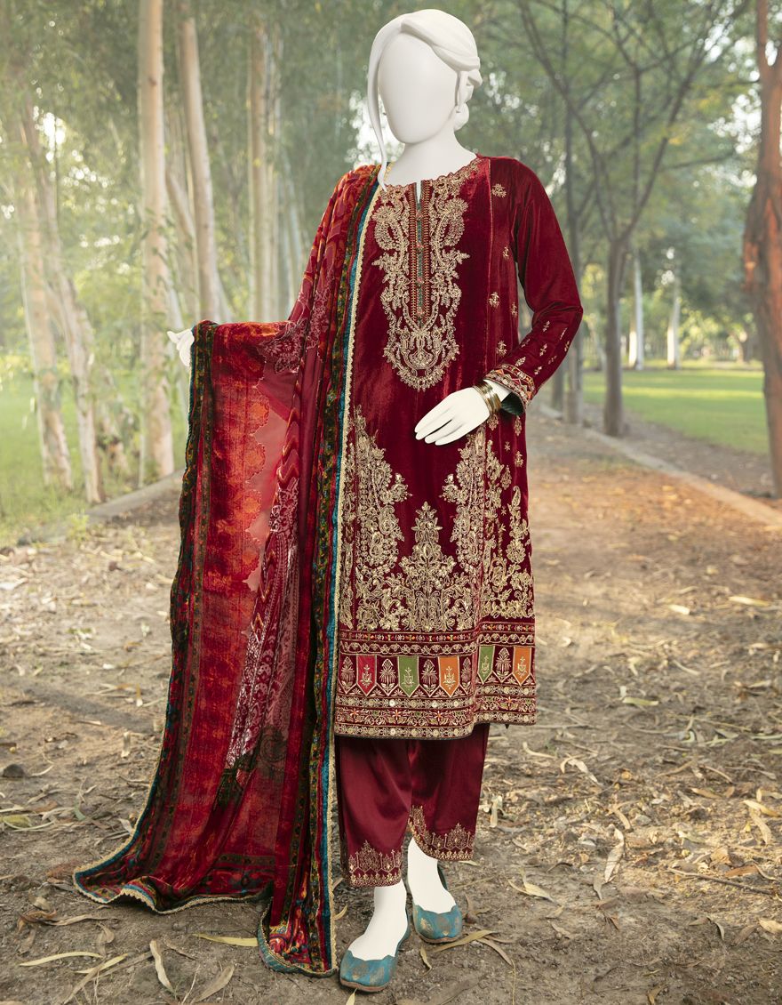 RED VELVET 3PC STITCHED | JJPW-W-JPS-AU-21-3906 FB/VELVET – J